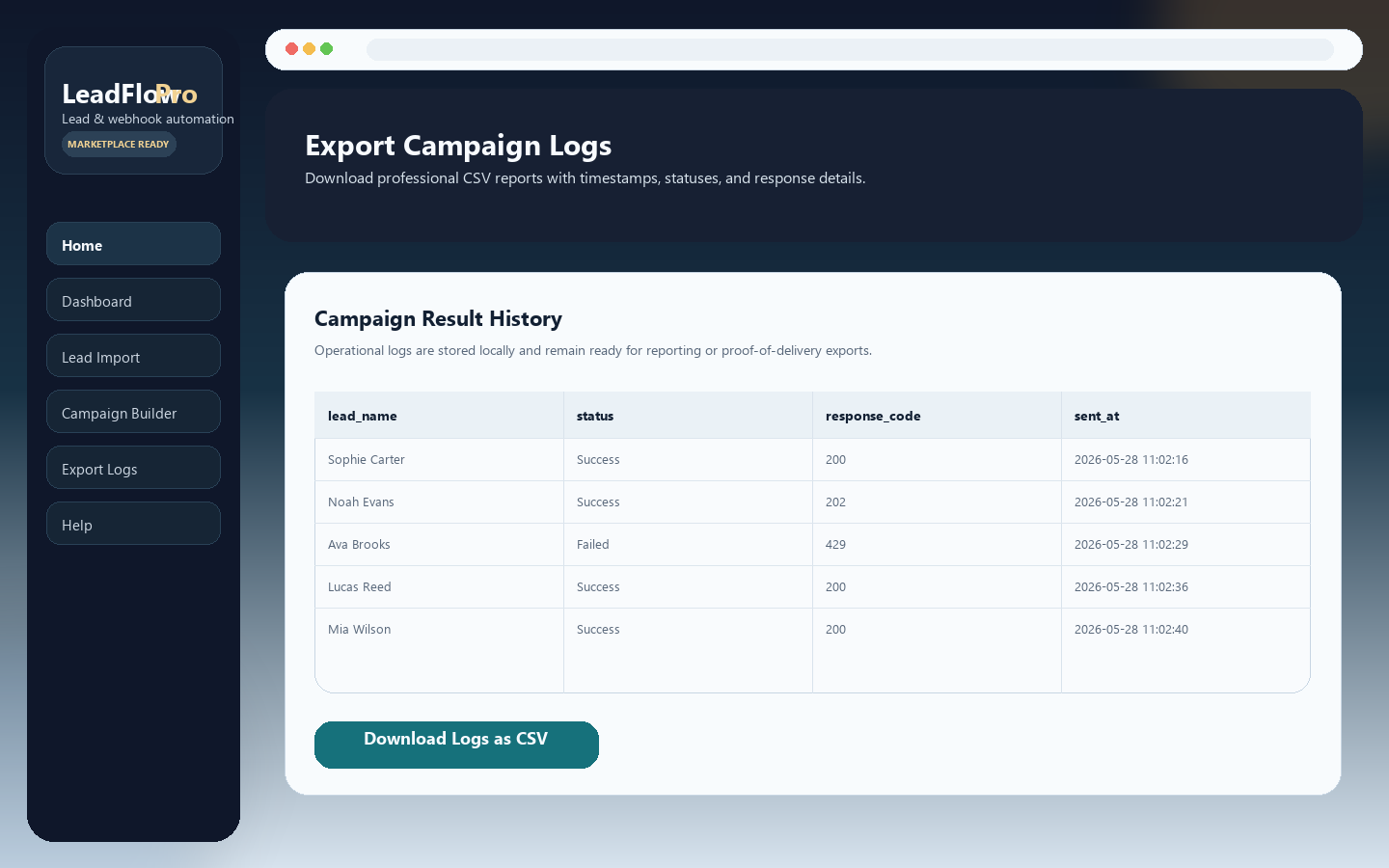 LeadFlow Pro export logs